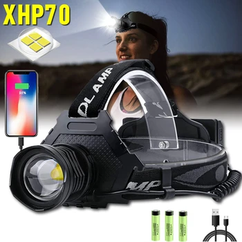 XHP70 светодиодный перезаряжаемый налобный фонарь Супер Яркий головной фонарик Power Bank Рыболовная зум-фара для кемпинга на открытом воздухе