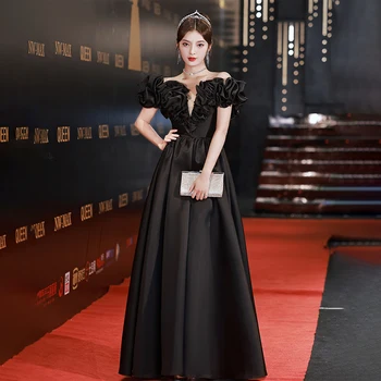 Черное модное вечернее платье с вырезом лодочкой, Короткие рукава, шнуровка, длина до пола, Трапециевидное простое женское вечернее платье большого размера XC073