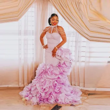Розовые выпускные платья Aso Ebi в африканском стиле, расшитые бисером, с высоким воротом, оборками, со шлейфом, вечерние платья на молнии сзади, большие размеры, свадебное платье для вечеринки