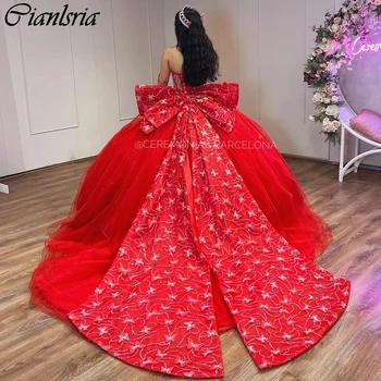 Бальное платье Red Illusion с 3D бабочкой и бантом, пышные платья с открытыми плечами, корсет с украшением в виде кристаллов, Vestidos De 15 Años