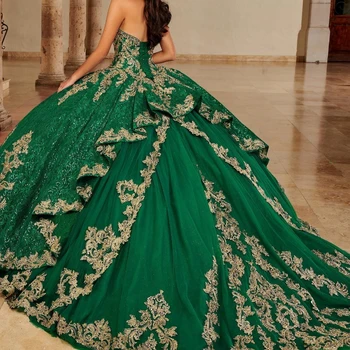 Блестящие Бальные Платья Принцессы Зеленого Цвета С Открытыми Плечами, Милая Кружевная Аппликация, Милое Бальное Платье 16 Vestidos De 15 Años