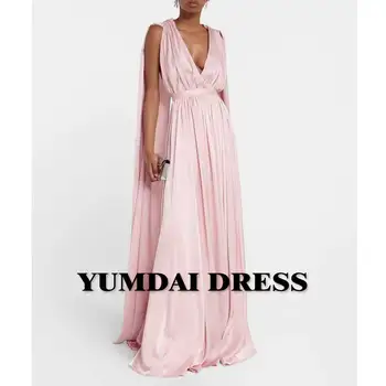 Длинное платье с V-образным вырезом из розовой атласной накидки YUMDI, сексуальное свадебное платье подружки невесты на бретельках, элегантные вечерние платья для вечеринки в саду.