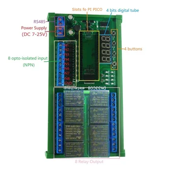 8-Канальный многофункциональный таймер задержки постоянного тока 12 В 24 В Модуль реле RS485 Modbus для Raspberry Pi Pico Simple Open PLC Python C ++