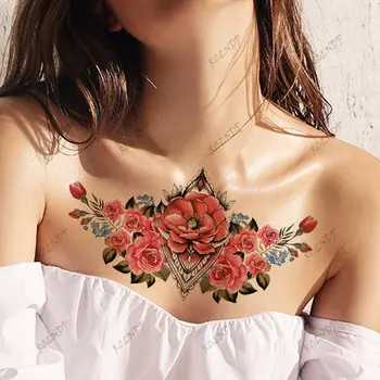 Водонепроницаемая временная татуировка, наклейка с красной розой, Красивый бриллиант, флэш-татуировка на груди, спине, ногах, поддельная татуировка для женщин и мужчин