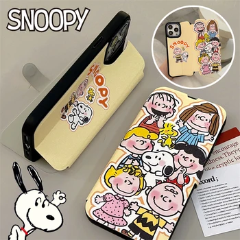 Складной чехол Snoopy Кожаный чехол для телефона iPhone 11 12 Pro Max 13 14 Promax с милой мультяшной защитой экрана с чехлами-держателями