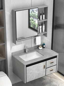 Вместительный шкаф для ванной комнаты из алюминиевого сплава в сочетании с современным простым керамическим умывальником для ванной комнаты