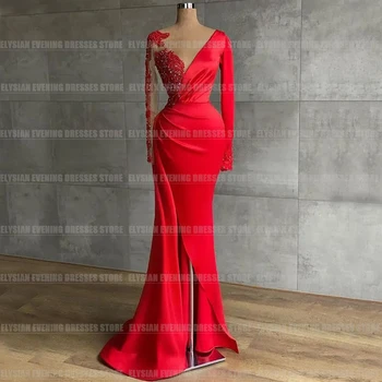 Нежные винтажные вечерние платья Русалки красного цвета с сексуальными женскими аппликациями, V-образный вырез, Вечерние элегантные платья для выпускного вечера из атласа с длинным рукавом, Vestidos
