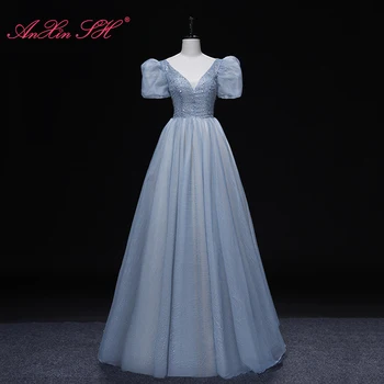 AnXin SH винтажное голубое кружево с v-образным вырезом, блестящий бисер, кристалл, пышные рукава, оборки, принцесса, бальное платье невесты, вечернее платье