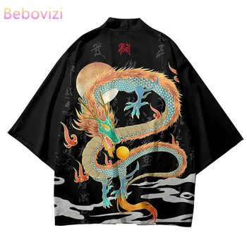 Мода Харадзюку Аниме с принтом Дракона Японское кимоно Традиционная Уличная одежда Черный кардиган Халат Женщины Мужчины Хаори Топ Юката