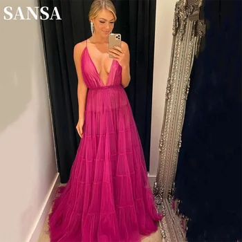 Сексуальное платье Sansa трапециевидной формы с Глубоким V-образным вырезом, Vestidos De Noche Grace цвета Фуксии, С Открытой спиной, Многослойное Платье в пол для выпускного вечера