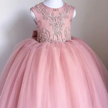 Платья для девочек-цветочниц, Розовые, с золотыми блестками, кружевной круглый вырез с бантом, облегающие платья для свадебной вечеринки, Дня рождения, принцессы