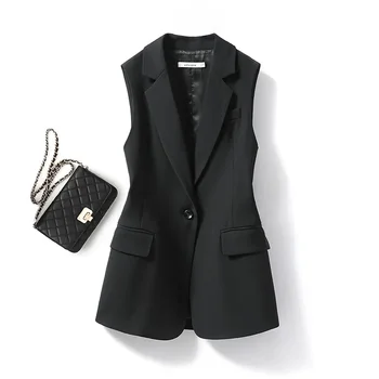 Черный женский костюм, Цельнокроеный жилет, Официальная Офисная леди, Деловая рабочая одежда, Хлопковое элегантное пальто без рукавов для девочек на одной пуговице