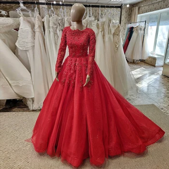 Красное Свадебное Платье С Эмблемой Кружевное Свадебное Платье для Невест Великолепное Кружевное Свадебное Платье с Длинными Рукавами для Помолвки