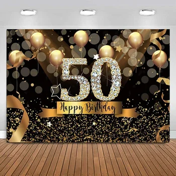 Счастливый Фон Для Фотосъемки Вечеринки с 50-Летием Черные Золотые Воздушные Шары Фон Женщины мужчины Украшения Для Вечеринок Сияющий Бриллиантовый Баннер