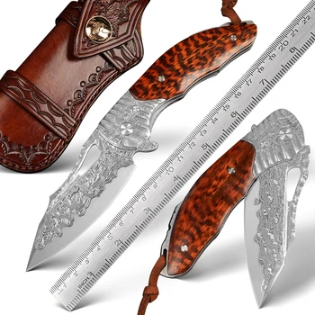 Карманный складной нож NEWOOTZ VG10 с Японским лезвием из дамасской стали, рукояткой из змеиного дерева и кожаными ножнами для самообороны
