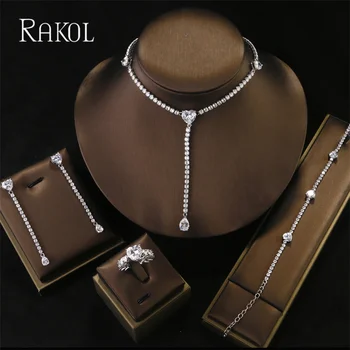 RAKOL, роскошные комплекты украшений с белым сердцем и цирконием для женщин, Модное хрустальное ожерелье, серьги, браслет, кольцо, свадебный набор для новобрачных