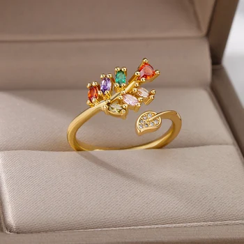 Геометрические Красочные кольца с листьями циркона Для женщин, кольца с листьями из ветки дерева из нержавеющей стали, Обручальные украшения, подарок