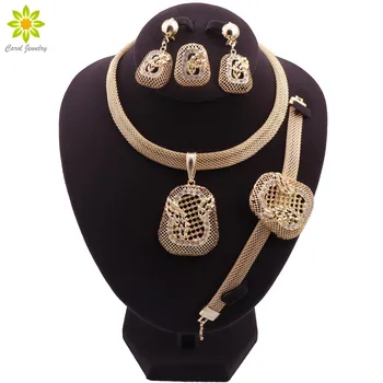 Африканское ювелирное ожерелье Серьги Дубайского золотого цвета, Наборы ювелирных изделий для женщин, Свадебный браслет, Кольцо, Кулон, Набор ювелирных изделий