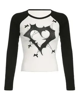 Женская винтажная рубашка в стиле пэчворк Y2k, футболки с готическим принтом в виде сердца, Сказочные приталенные блузки с длинным рукавом, уличная одежда