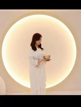 Настенный светильник с шелковой круглой ширмой, светящийся чай, украшенный фоном в китайском стиле, настенный светильник на крыльце, полупрозрачный газовый бра