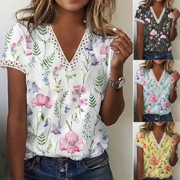 Летняя новая женская футболка с принтом, топы с V-образным вырезом и короткими рукавами для женской одежды