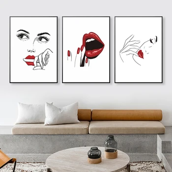 Современная белая и черная женская линия лица, картина на холсте, простая картинка, красные губы, Косметический декор стен для комнаты девушки, Декор салона