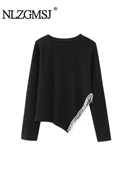 Осенняя мода TRAF 2023, вязка с разрезом по бокам для женщин, украшение из сверкающего бисера, Черная футболка с круглым вырезом и длинным рукавом