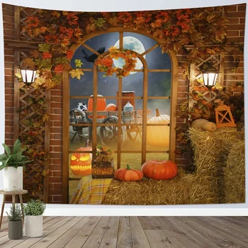 Осенний гобелен, висящий на стене, Деревенские тыквы и Кленовые листья, гобелен на День Благодарения, Полная Луна и вороны, гобелен на Хэллоуин