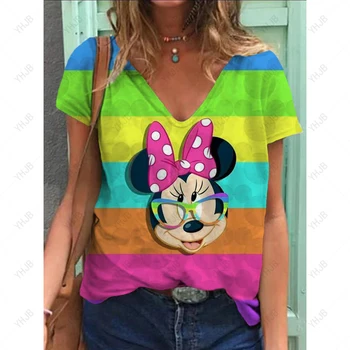 Летняя женская свободная футболка с коротким рукавом и V-образным вырезом, модная женская футболка с 3D принтом Диснея, Микки Маус, верхняя повседневная одежда