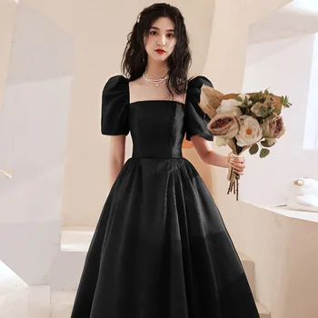 Элегантное черное вечернее платье трапециевидной формы с квадратным вырезом, женское вечернее платье с коротким рукавом для выпускного вечера, Robe De Soiree