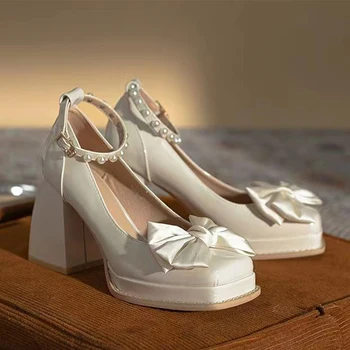 Женские туфли Marie Janes с квадратным носком, расшитые бисером, летние туфли на высоком каблуке, новинка 2024 года, модные модельные туфли с бантом, вечерние туфли-лодочки Femme Zapatos