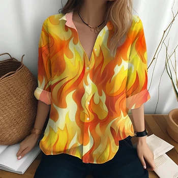 Рубашка с длинным рукавом с 3D-принтом Flame, осенняя простая однобортная модная рубашка, свободная уличная повседневная рубашка с отложным воротником