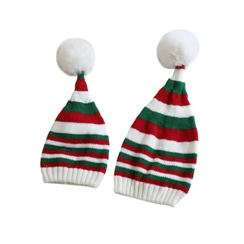 Рождественская вязаная шапка, зимняя теплая полосатая шапочка-бини в холодную погоду, шапка с помпоном для детей и взрослых