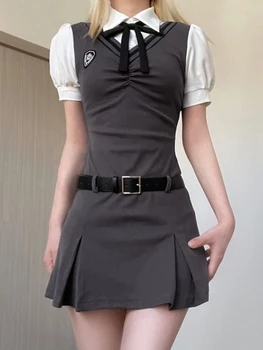 Платье в стиле ХОУЧЖОУ в опрятном стиле, женская уличная одежда из двух частей, тонкие мини-платья Y2k, Плиссированный Корейский модный пояс, Летний халат