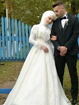 Свадебные Платья для Женщин, Мусульманское Платье с Высоким Воротом И Длинными Рукавами, Придворный Шлейф Длиной До пола, Трапециевидное Кружевное Тюлевое Вечернее Платье Невесты, Классическое