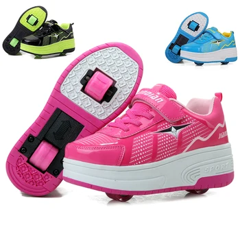 Дети, детские ботинки на двух колесах, кроссовки для мальчиков и девочек, модные каблуки, Роликовые коньки, Спортивная обувь, уличные повседневные тапочки на платформе