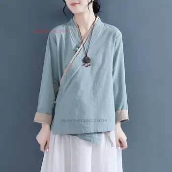 2024 китайские винтажные топы hanfu национальная улучшенная хлопчатобумажная льняная блузка восточный чайный сервиз hanfu блузка восточный ретро дзен пальто