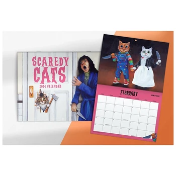 1 ШТ Ежемесячный Календарь Scaredy Cats на 2024 Год, Как Показано Примерно 21x29 см, Пародия На Кошку Из Фильма Ужасов, 12-Месячный Настенный Календарь