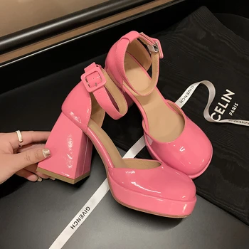 Босоножки на высоком каблуке и по щиколотку, пикантная офисная модная обувь 2023 года, роскошные женские босоножки на платформе, туфли на массивном каблуке с полым носком