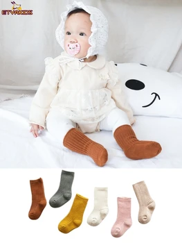 1 пара осенне-зимних однотонных теплых носков в полоску для малышей, хлопчатобумажные носки для маленьких мальчиков и девочек, детские носки для пола