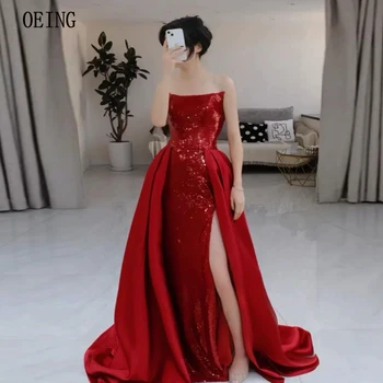 OEING Роскошные вечерние платья с блестящими красными блестками 2024, коктейльное платье без бретелек с высоким разрезом сбоку, Атласное Роскошное праздничное платье