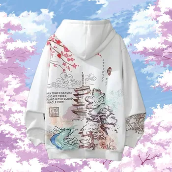 Мужская толстовка Sakura Couple в стиле Харадзюку, весенне-осенняя толстовка, свободная толстовка, модная мужская повседневная одежда в стиле хип-хоп с капюшоном