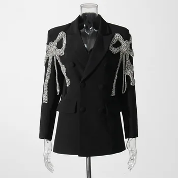 Женские костюмы с кристаллами и бантом, 1 шт., блейзер, роскошная черная куртка, официальная офисная женская деловая рабочая одежда, хлопковое пальто, осенняя одежда