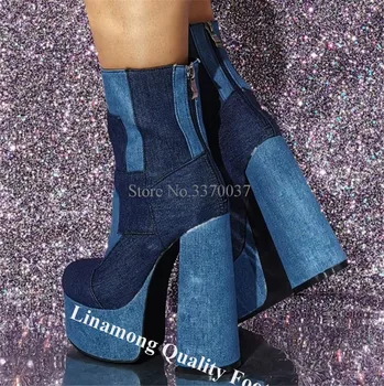 Linamong Лоскутные синие джинсовые короткие ботинки на не сужающемся книзу массивном каблуке, с круглым носком, на высокой платформе, с застежкой-молнией сзади, на блочном каблуке, Ботильоны большого размера Linamong Лоскутные синие джинсовые короткие ботинки на не сужающемся книзу массивном каблуке, с круглым носком, на высокой платформе, с застежкой-молнией сзади, на блочном каблуке, Ботильоны большого размера 3