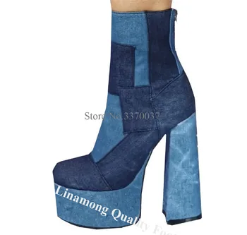 Linamong Лоскутные синие джинсовые короткие ботинки на не сужающемся книзу массивном каблуке, с круглым носком, на высокой платформе, с застежкой-молнией сзади, на блочном каблуке, Ботильоны большого размера Linamong Лоскутные синие джинсовые короткие ботинки на не сужающемся книзу массивном каблуке, с круглым носком, на высокой платформе, с застежкой-молнией сзади, на блочном каблуке, Ботильоны большого размера 4